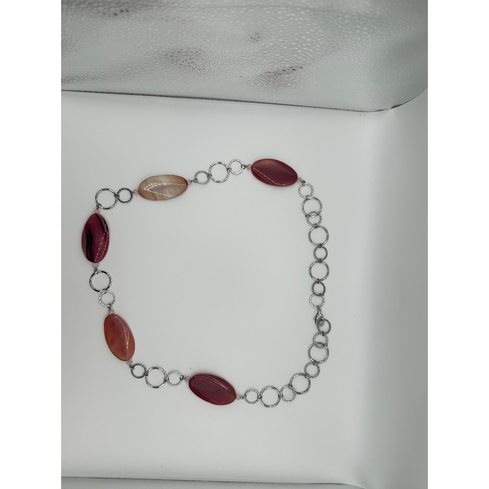 Chico's Silver Tone Agate Stone Long Link Necklace Burgundy Pink‎ Boho Statement